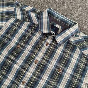 Prana Mens XL Plaid Short Sleeve Button Up Shirt‎ Outdoor Casual Top Blue Green